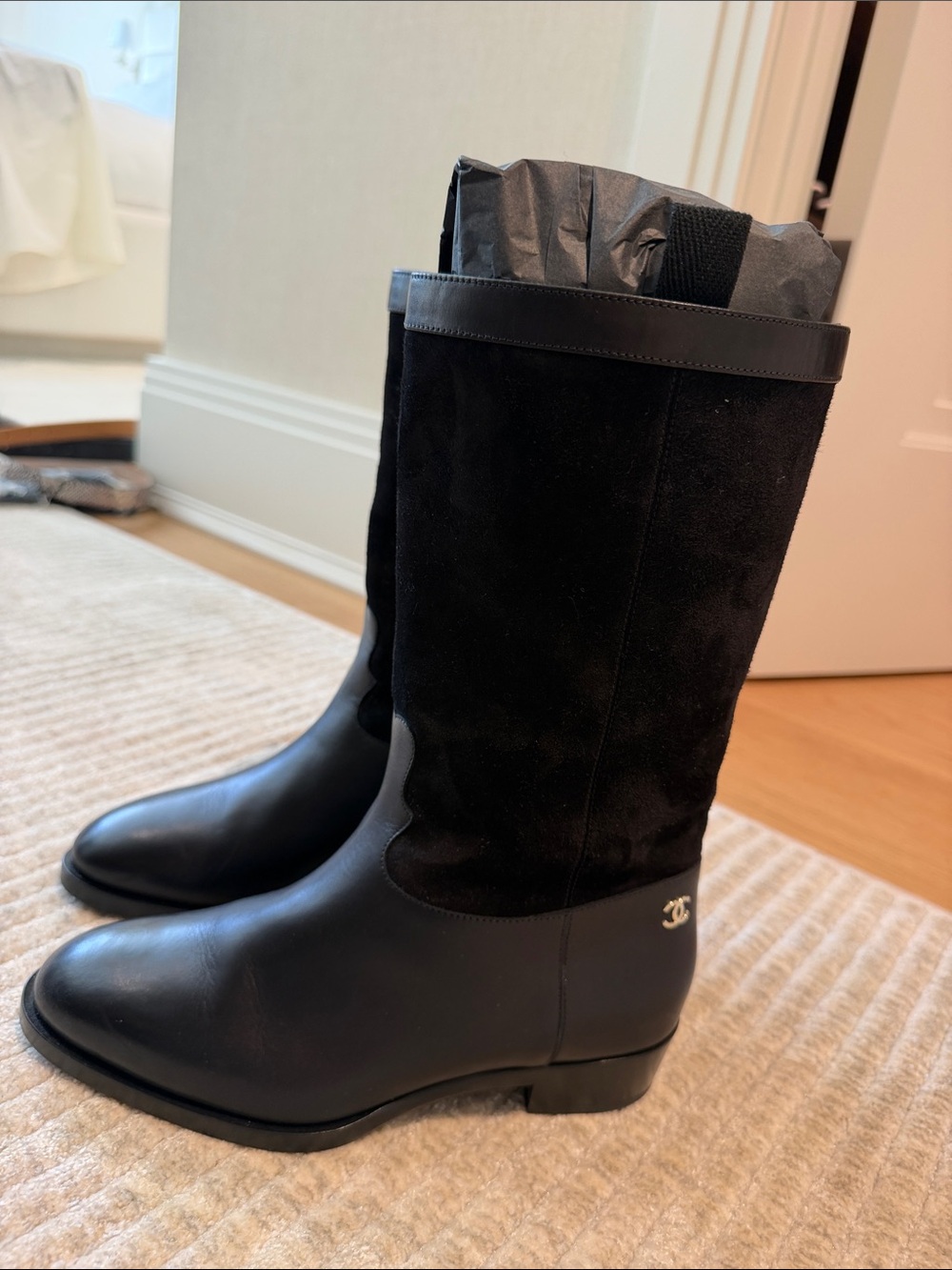 CHANEL Black Leather and Suede Mid-Calf Boots with Logo Accent